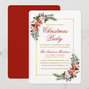 Invitation Aquarelle Poinsettia Christmas Party Gold Rouge