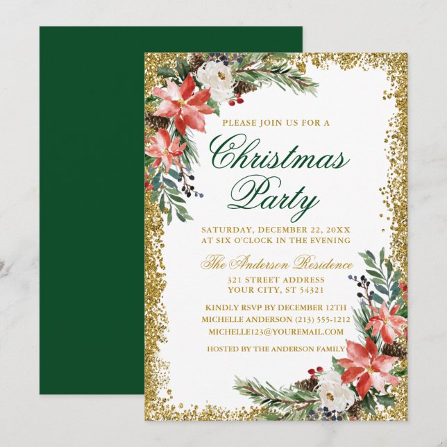 Invitation Aquarelle Poinsettia fête de Noël Parties scintill (Devant / Derrière)