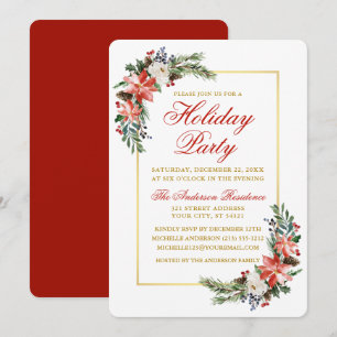 Invitation Aquarelle Poinsettia Fête Gold Rouge