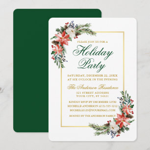 Invitation Aquarelle Poinsettia Fête Gold Vert