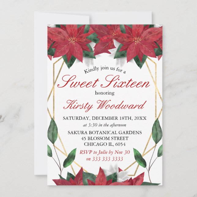 Invitation Aquarelle Poinsettia Floral Christmas Sweet 16 (Devant)