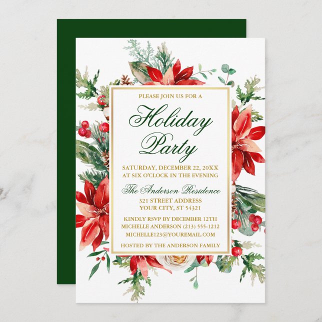 Invitation Aquarelle Poinsettia Floral Gold Fête (Devant / Derrière)