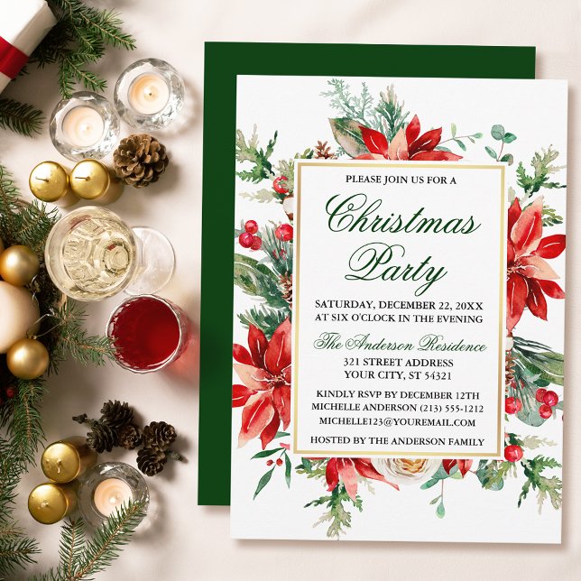 Invitation Aquarelle Poinsettia Floral Green Noël Party (Customize to change text size, text style or color of back of card.)