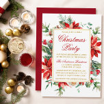 Invitation Aquarelle Poinsettia Floral Noël Party Gold<br><div class="desc">Elégante aquarelle Poinsettia Floral Greenery Noël Invitation inclut poinsettias rouges,  eucalyptus feuilles,  cônes de pin,  aiguilles de pin,  coton,  baies sèches et autres belles verdure botanique d'hiver. Cadre Or. Revers rouge.</div>