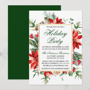 Invitation Aquarelle Poinsettia Floral Vert Fête