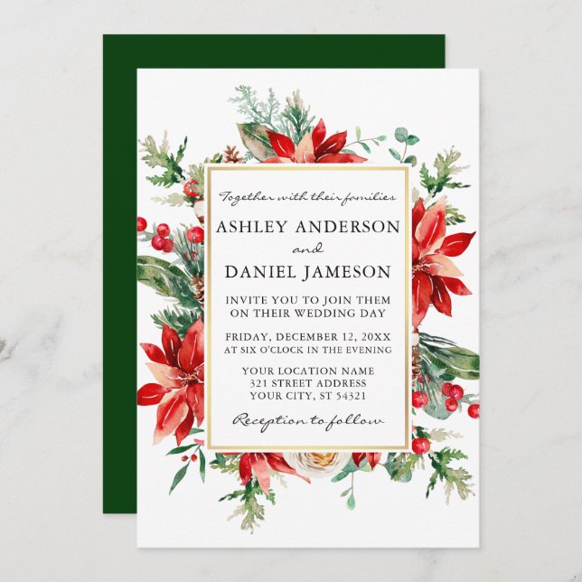 Invitation Aquarelle Poinsettia Floral Vert Mariage (Devant / Derrière)
