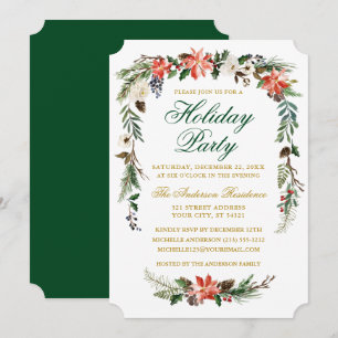Invitation Aquarelle Poinsettia Gold Green Fête