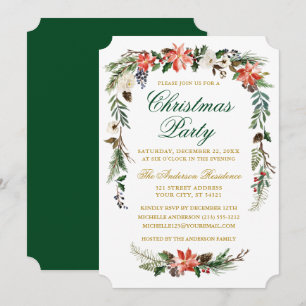 Invitation Aquarelle Poinsettia Gold Green Noël