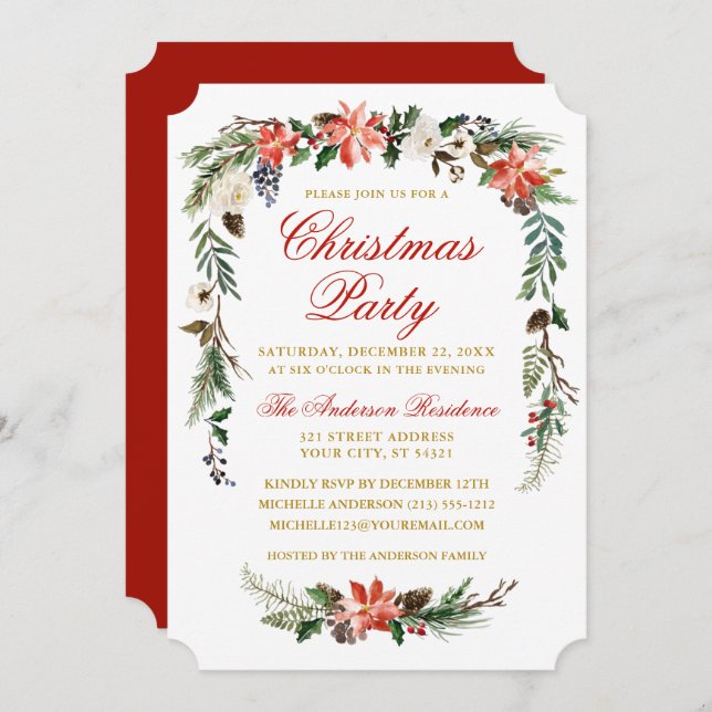 Invitation Aquarelle Poinsettia Gold Red Christmas Party (Devant / Derrière)