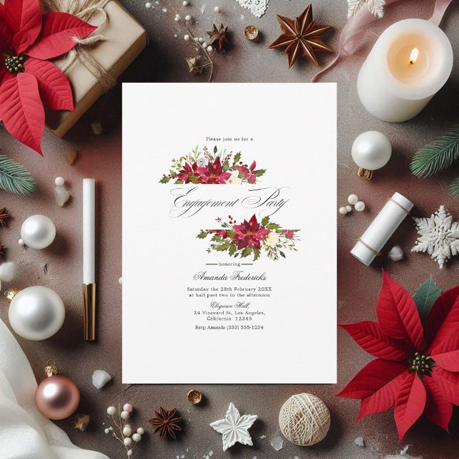 Invitation Aquarelle Poinsettia & Holly Christmas Fiançailles (Watercolor Poinsettia & Holly Christmas Engagement Invitation)