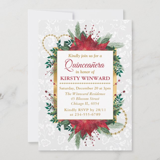 Invitation Aquarelle Poinsettia Noël hiver Quinceañera (Devant)