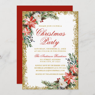Invitation Aquarelle Poinsettia Noël Parties scintillant Roug
