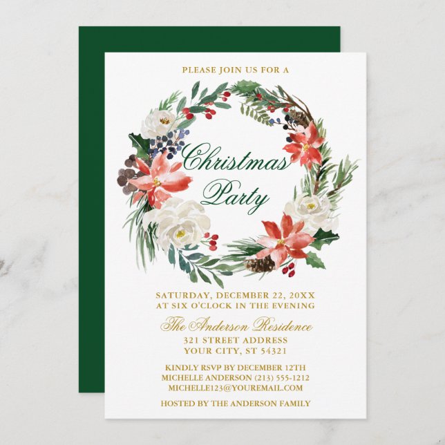 Invitation Aquarelle Poinsettia Wreath Green Christmas Party (Devant / Derrière)