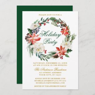 Invitation Aquarelle Poinsettia Wreath Green Fête