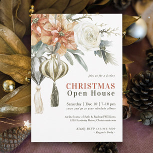 Invitation Aquarelle Poinsettias et ornements Open House