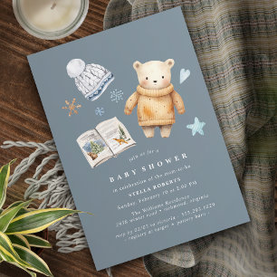 Invitation Aquarelle Polaire Ours Bleu Baby shower d'hiver