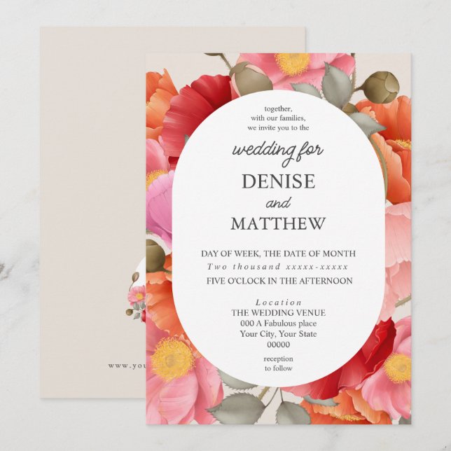 Invitation Aquarelle Poppy sur Fond Beige Camée (Devant / Derrière)
