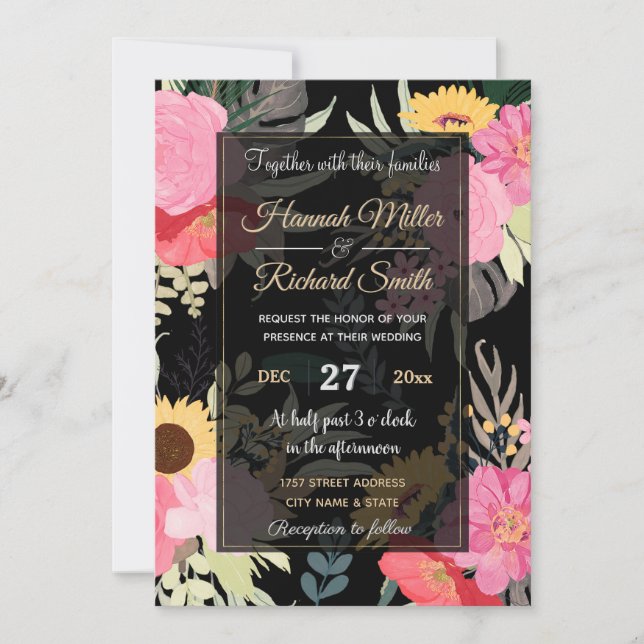 Invitation Aquarelle Poppy & Tournesol Floral Noir Design (Devant)