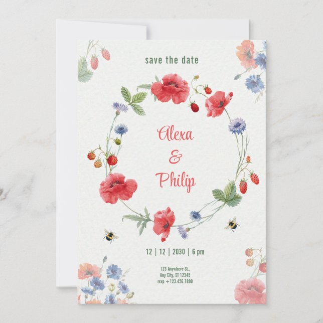 Invitation Aquarelle Poppys Rouges Rustiques Fraises (Devant)