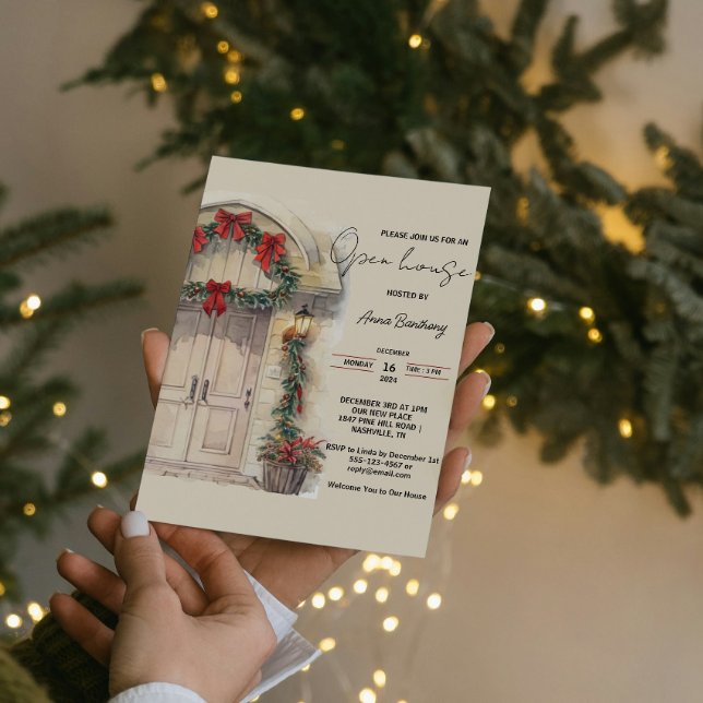Invitation Aquarelle Porte Archée Maison ouverte de Noël (Watercolor Arched Door Christmas Open House Invitation chic elegant cream tone color with res bows )