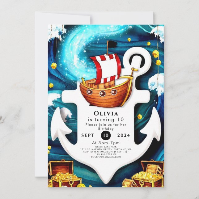 Invitation Aquarelle pour enfants Ahoy Pirate Anniversaire (Devant)