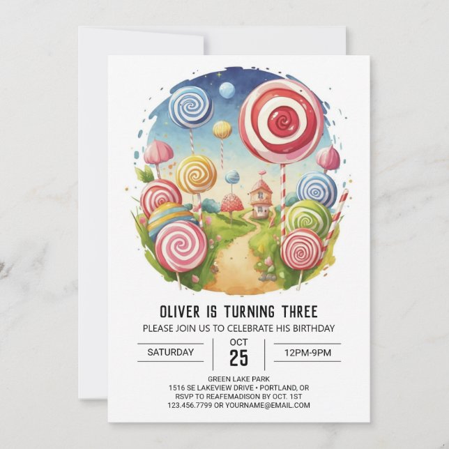 Invitation Aquarelle pour enfants Lollipop Anniversaire (Devant)