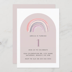 Invitation Aquarelle pourpre arc-en-ciel Premier anniversaire