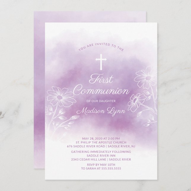 Invitation Aquarelle pourpre Première Communion sainte (Devant / Derrière)