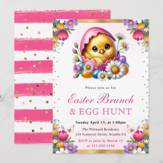Invitation Aquarelle Poussin de printemps dans l'oeuf Brunch  (Devant / Derrière)