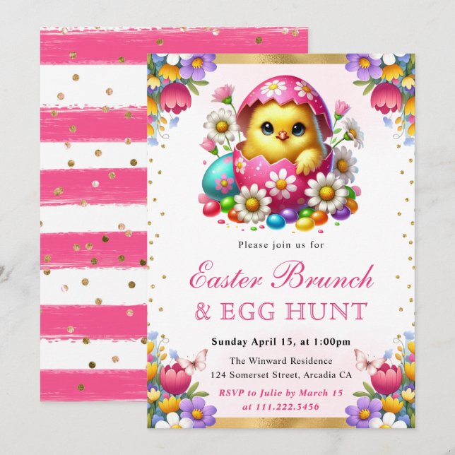 Invitation Aquarelle Poussin de printemps dans l'oeuf Brunch  (Devant / Derrière)