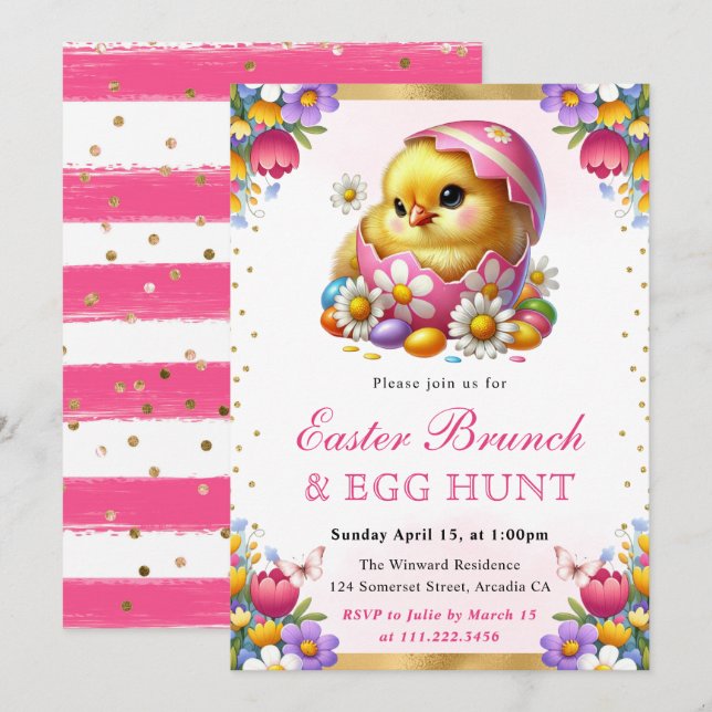 Invitation Aquarelle Poussin de printemps dans l'oeuf Brunch  (Devant / Derrière)