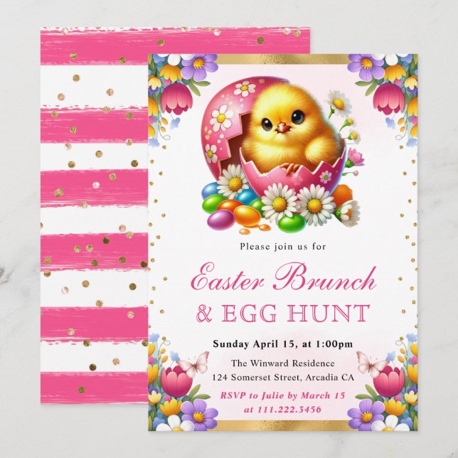 Invitation Aquarelle Poussin de printemps dans l'oeuf Brunch  (Devant / Derrière)