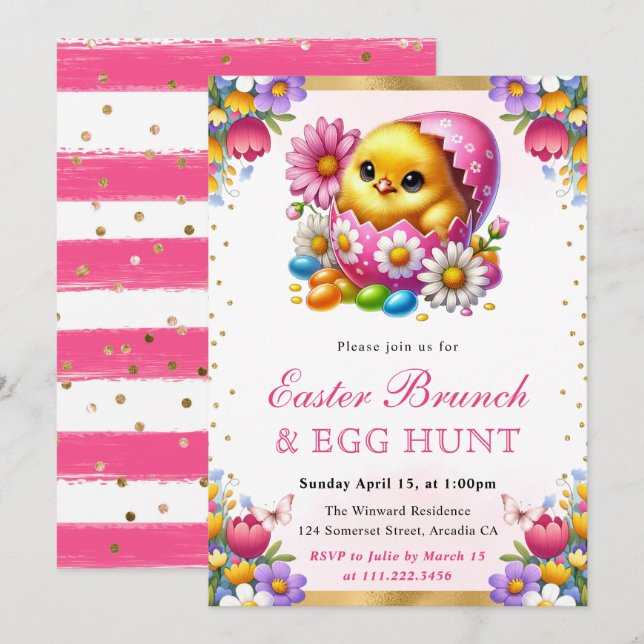 Invitation Aquarelle Poussin de printemps dans l'oeuf Brunch  (Devant / Derrière)