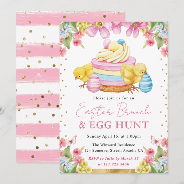 Invitation Aquarelle Poussins et Gâteau Brunch de printemps d (Devant / Derrière)