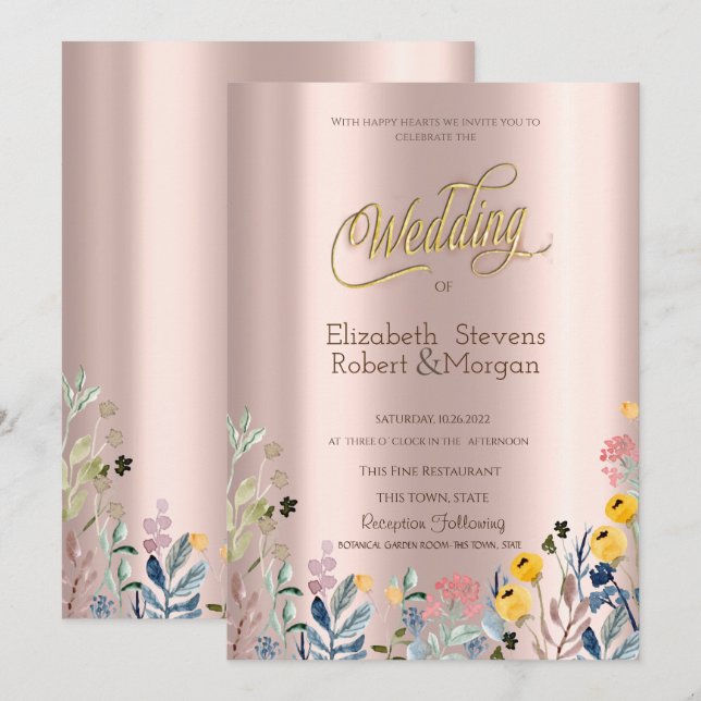 Invitation Aquarelle Prairie de Fleurs Sauvages Rose Doré (Devant / Derrière)