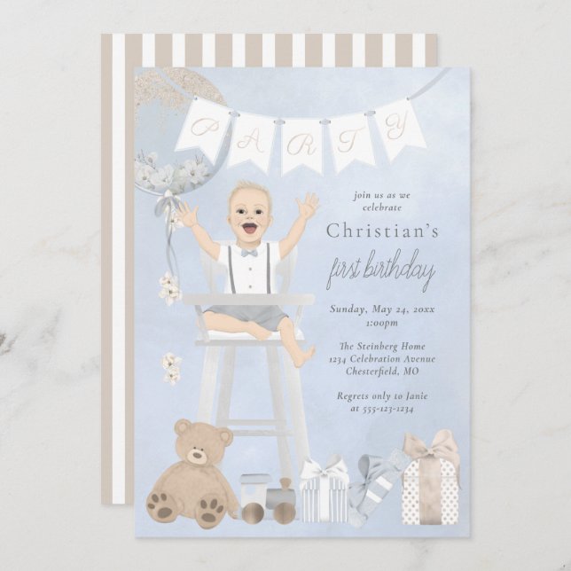 Invitation Aquarelle Premier anniversaire bébé en chaise haut (Devant / Derrière)