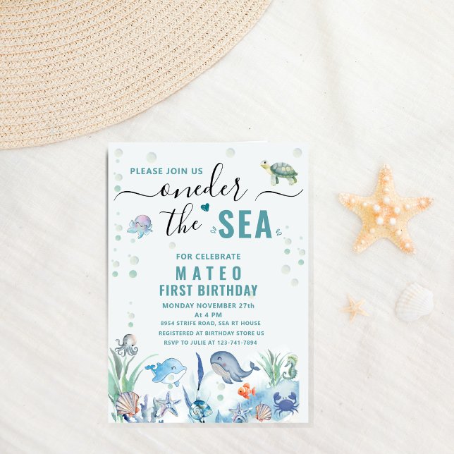 Invitation Aquarelle Premier anniversaire sous la mer (Créateur téléchargé)