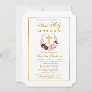 Invitation Aquarelle Première communion de la couronne floral