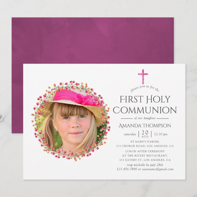 Invitation Aquarelle Première Sainte Communion Fleur Sauvage (Devant / Derrière)