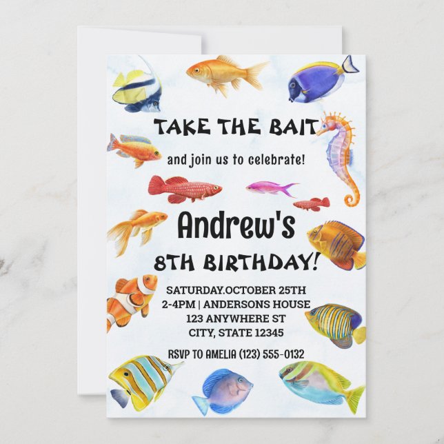 Invitation Aquarelle Prenez l'appât Pêche Anniversaire (Devant)