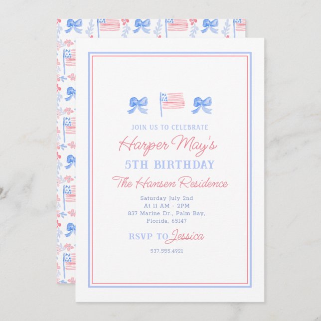 Invitation Aquarelle Preppy Patriotic 4 juillet modifiable (Devant / Derrière)