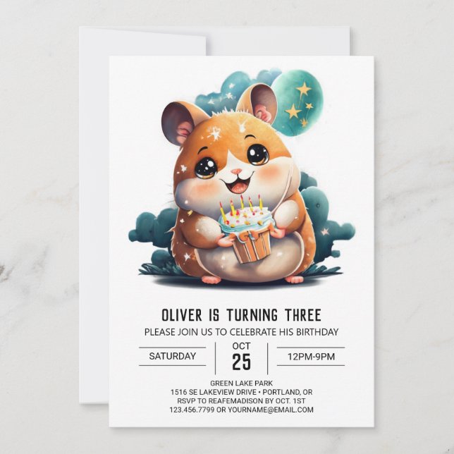 Invitation Aquarelle Printable Hamster Anniversaire (Devant)