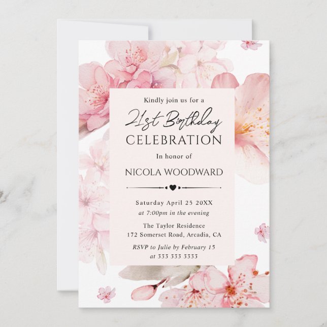 Invitation Aquarelle Printemps Fleurs de cerisiers 21e annive (Devant)