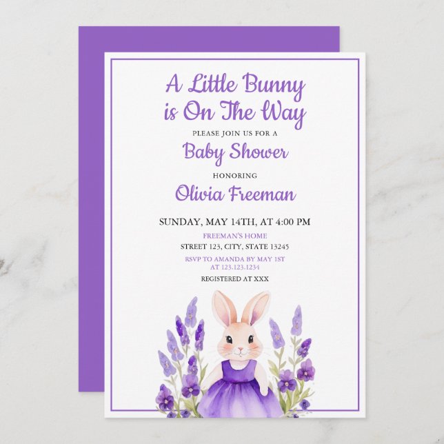 Invitation Aquarelle Purple Bunny Girl Baby shower Floral (Devant / Derrière)