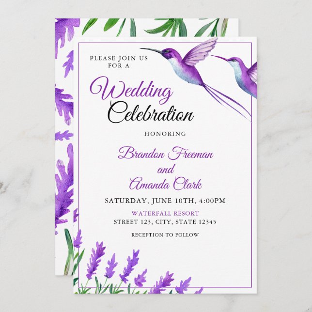 Invitation Aquarelle Purple Chic Floral Hummingbird Mariage (Devant / Derrière)