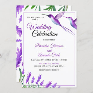 Invitation Aquarelle Purple Chic Floral Hummingbird Mariage