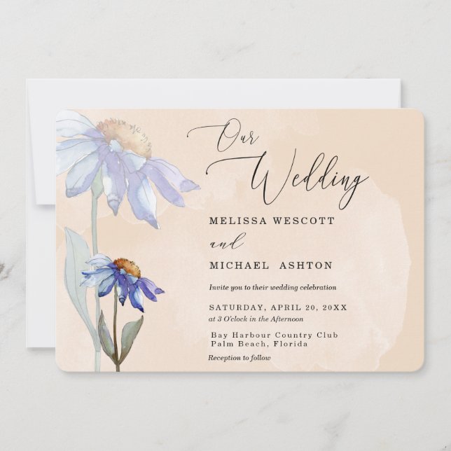 Invitation Aquarelle Purple Daisy Rustique Mariage Peach (Devant)