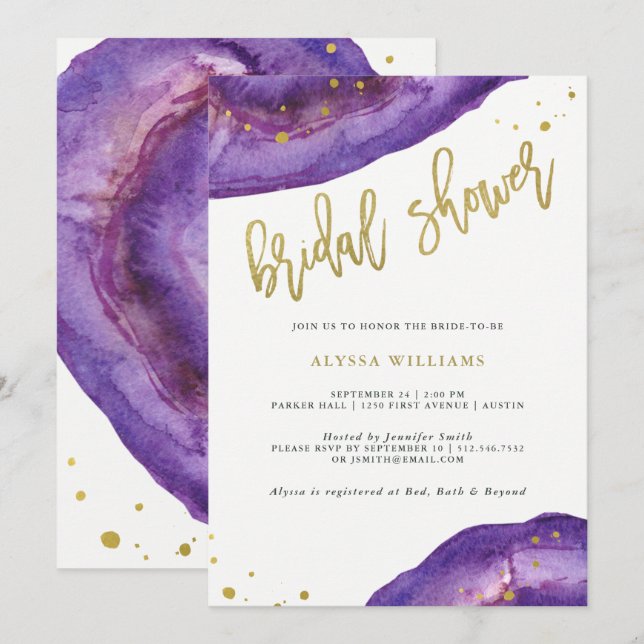 Invitation Aquarelle Purple et Gold Geode Fête des mariées (Devant / Derrière)