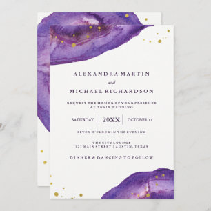 Invitation Aquarelle Purple et Gold Geode Mariage II