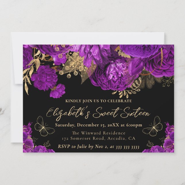 Invitation Aquarelle Purple et Sweet sixteen de fleurs d'or (Devant)
